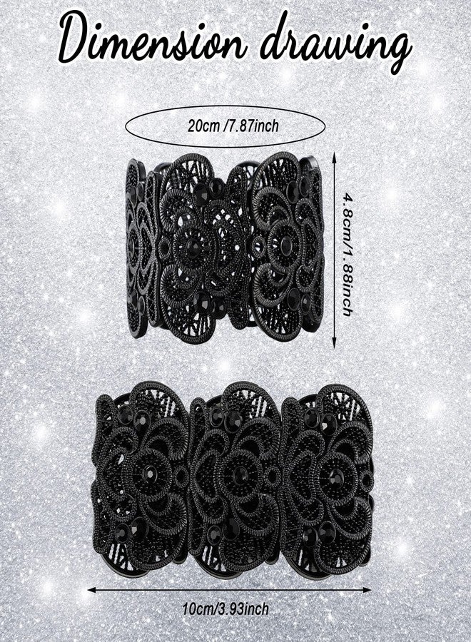 Mtlee 2 Pieces Black Bracelet for Women Gothic Vintage Filigree Jewelry Ladies Cuff Bracelets Bohemian Lace Bracelet Lace Cuff Bangle Wide Stretch Rhinestone Statement - Image 2