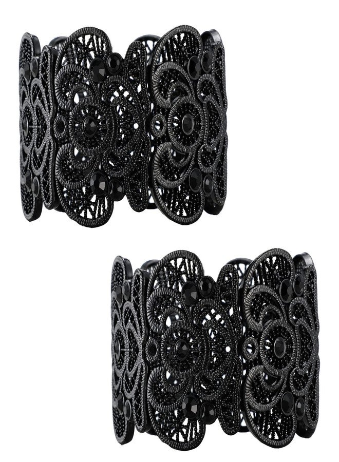 Mtlee 2 Pieces Black Bracelet for Women Gothic Vintage Filigree Jewelry Ladies Cuff Bracelets Bohemian Lace Bracelet Lace Cuff Bangle Wide Stretch Rhinestone Statement - Image 1