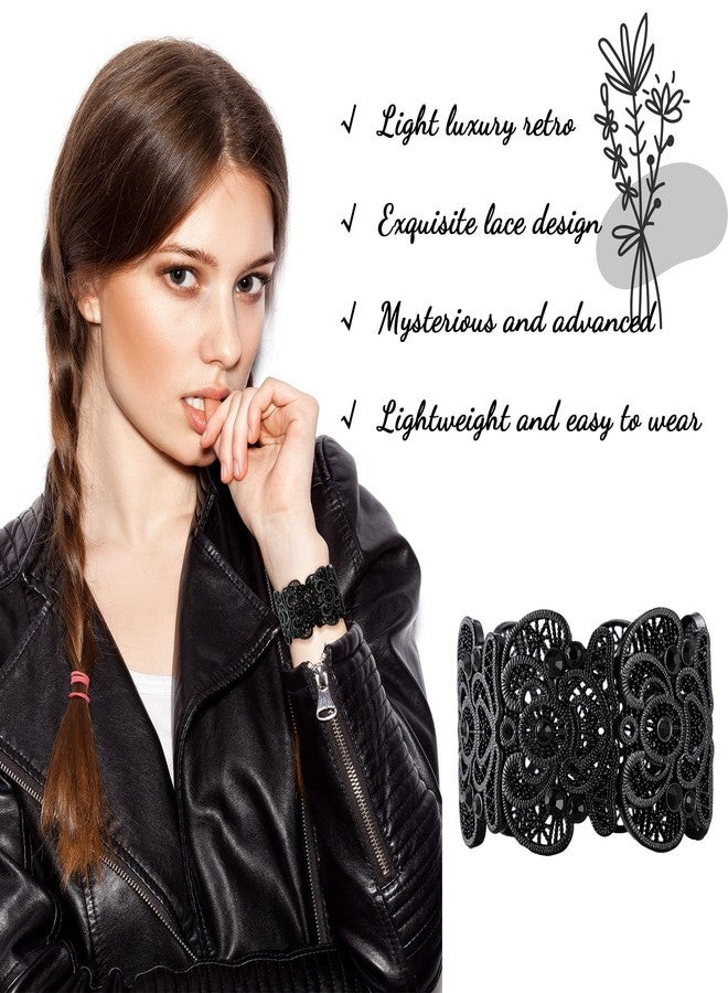 Mtlee 2 Pieces Black Bracelet for Women Gothic Vintage Filigree Jewelry Ladies Cuff Bracelets Bohemian Lace Bracelet Lace Cuff Bangle Wide Stretch Rhinestone Statement - Image 4