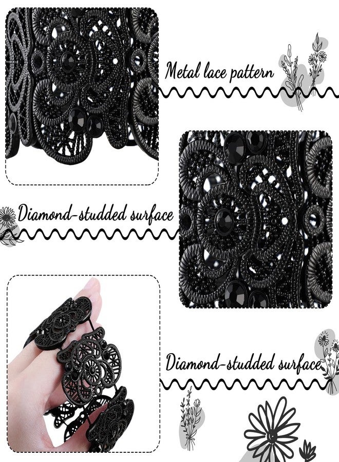 Mtlee 2 Pieces Black Bracelet for Women Gothic Vintage Filigree Jewelry Ladies Cuff Bracelets Bohemian Lace Bracelet Lace Cuff Bangle Wide Stretch Rhinestone Statement - Image 3