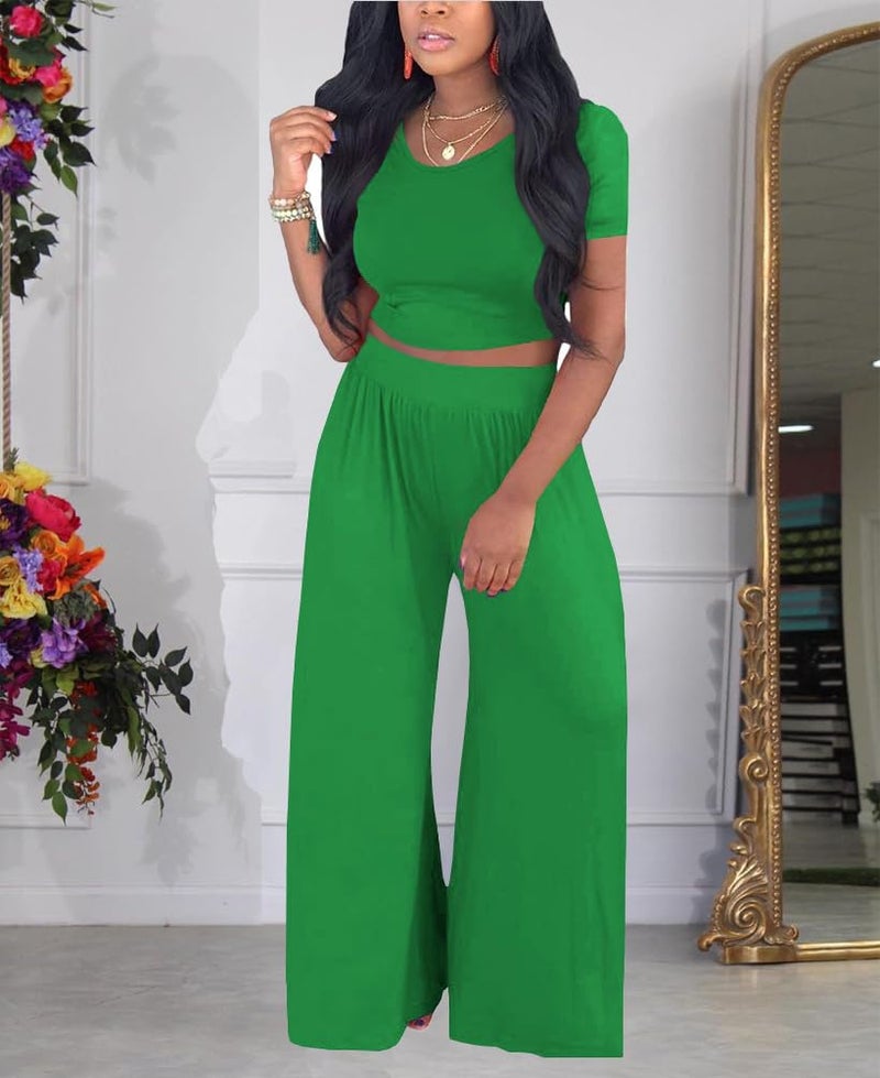 HBQ Two Piece Outfits For Women Casual Sweat Suits Backless Short Sleeve Crop Tops Wide Leg Pants Lounge Sets Tracksuit-Green-L - Image 2