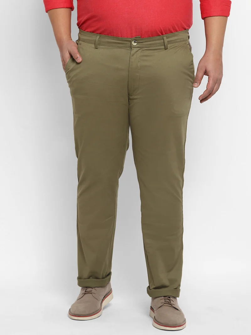 Urbano Plus Men's Olive Green Cotton Regular Fit Casual Chinos Trousers Stretch