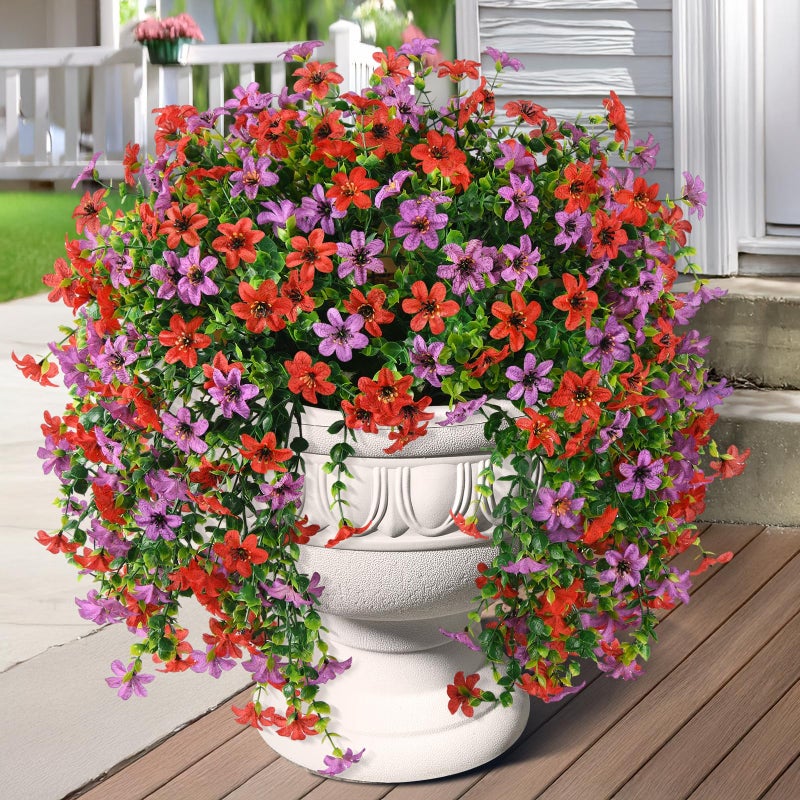 ZFProcess Artificial Hanging Flowers for Outdoors 2 Pcs Fake Hanging Plant Spring Summer Decoration UV Resistant No Fade Faux Flower for Porch Patio Yard Window Home DecorRed Purple