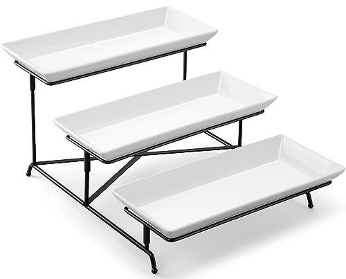 Yedio 3 Tier Serving Tray Set 14 Inch Porcelain Tiered Serving Trays Platters Collapsible Sturdier Stand with Stable Cross Bars Three Layer Serving for Party Entertaining Food Display Fruit Dessert
