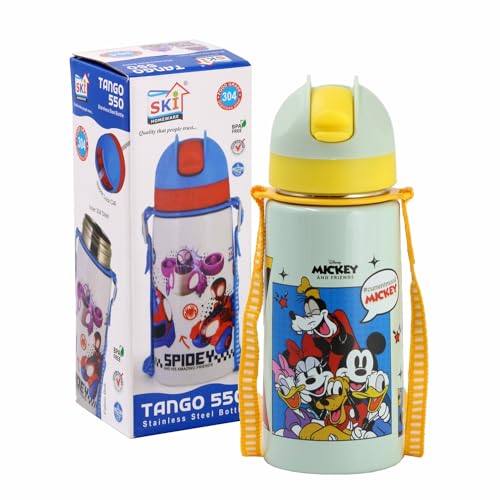 SKI Homeware TANGO Stainless Steel-304 grade Water Bottle for School, Kids favourite character prints | wide mouth | leak proof sipper | light weight | BPA Free & Food Grade - 550ML (Mickey & Friends) - Image 2