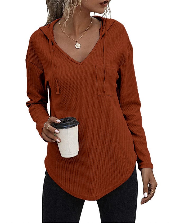 Womens V-Neck Hoodie Waffle Knit Sweatshirt with Pockets Amber (Show Red) 