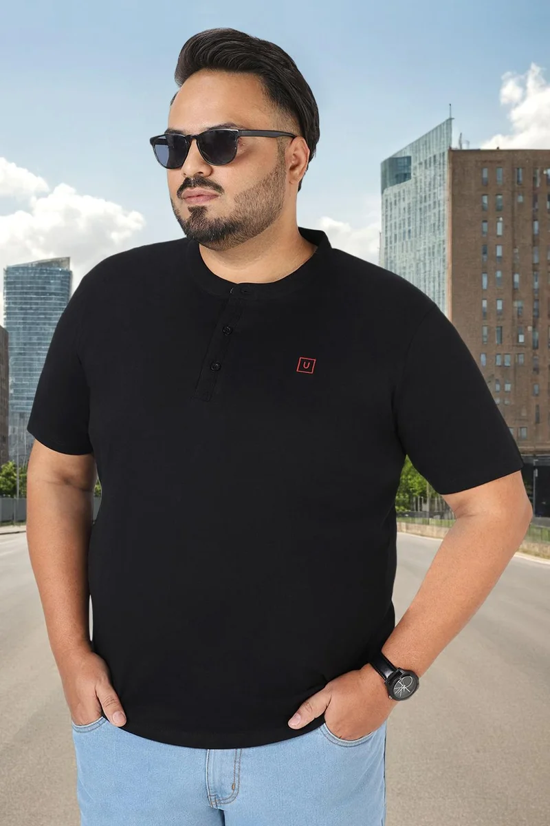 Urbano Fashion  Urbano Plus Men's Black Solid Mandarin Collar Regular Fit Cotton T-Shirt for Men | Best Price UAE