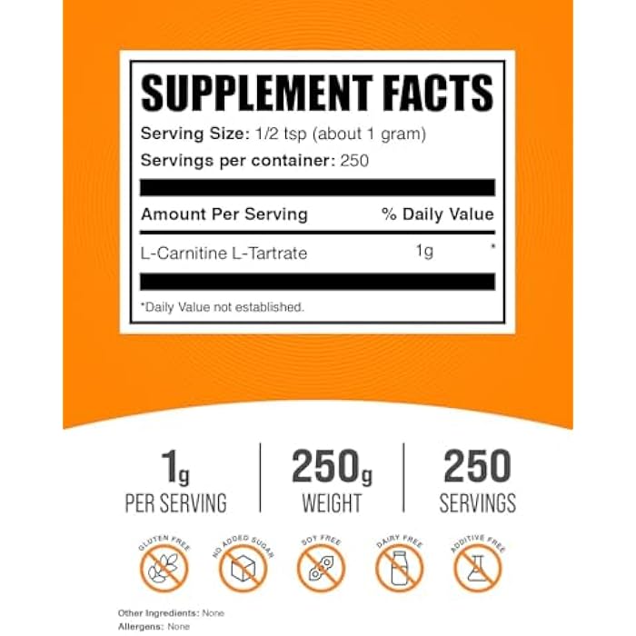 BulkSupplements.com L-Carnitine Tartrate Powder - Amino Acid Powder, Carnitine Supplement - Unflavored & Gluten Free, 1g per Serving, 250g (8.8 oz) (Pack of 1) - Image 2
