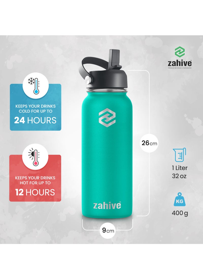 Zahive - Stainless Steel Insulated Water Bottle with Straw with 3 Lids and Bag 1000 ml, Double Wall Thermos for Hot and Cold Water for Gym and Work, Wide Mouth, Leak Proof, 1 Liter, Sea Green - Image 1
