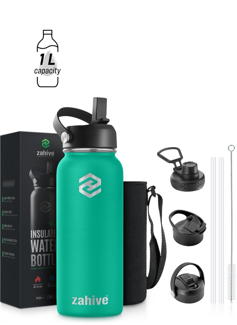Zahive - Stainless Steel Insulated Water Bottle with Straw with 3 Lids and Bag 1000 ml, Double Wall Thermos for Hot and Cold Water for Gym and Work, Wide Mouth, Leak Proof, 1 Liter, Sea Green - Image 1