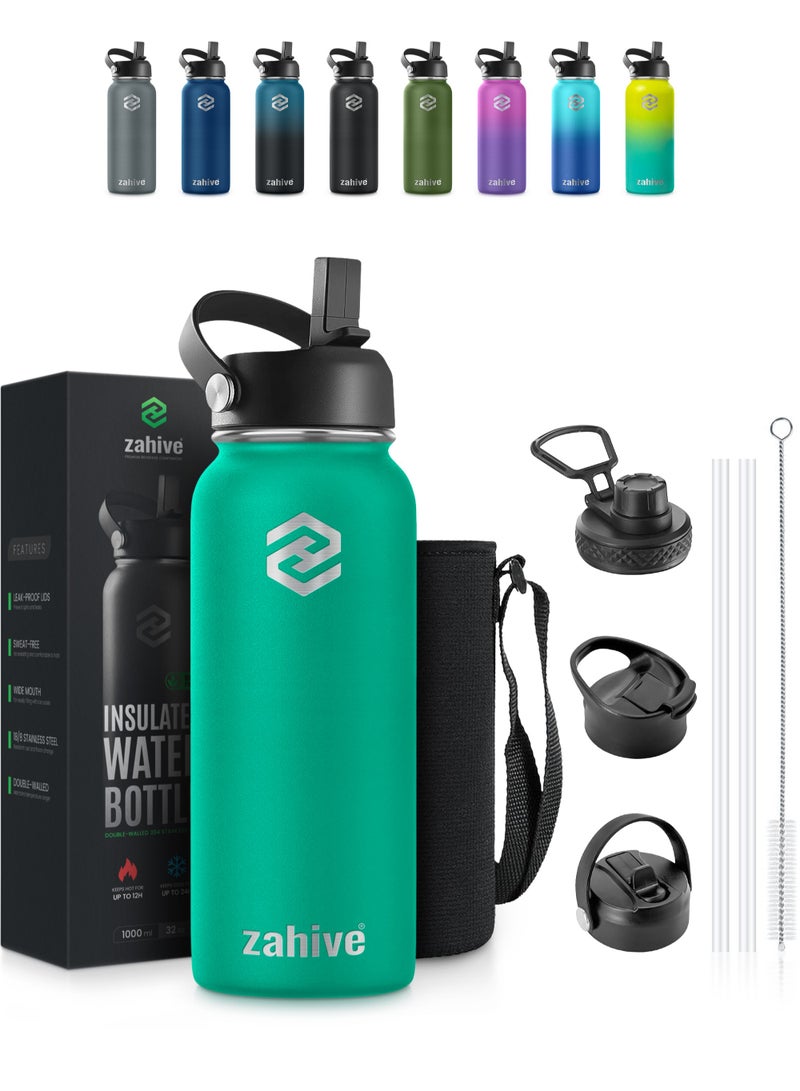 زاهايف مطارة ماء ستانلس ستيل 1 لتر مع 3 غطاء - زجاجة مياه رياضيه ذات جدار مزدوج 1000 مل - مطارة ماء حافظة للبرودة - حافظة ماء بارد أو ساخن - قارورة ماء ستيل - علبه ماء رياضيه - أخضر - Image 1