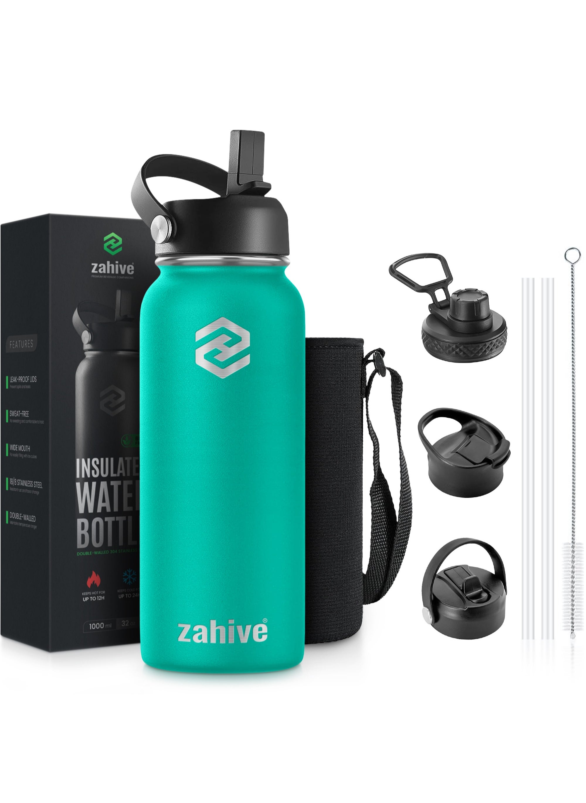 Zahive Stainless Steel Insulated Water Bottle with Straw with 3 Lids and Bag 1000 ml, Double Wall Thermos for Hot and Cold Water for Gym and Work, Wide Mouth, Leak Proof, 1 Liter, Sea Green 