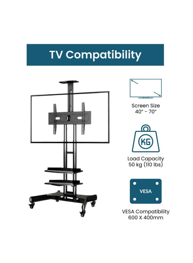 BEETEC Mobile TV Stand for 40 to 70 Inches TVs up to 50 kg, VESA 600x400 mm, Dual Shelf Mobile TV Trolley with Locking Wheels for Stability | 1500S - Image 2