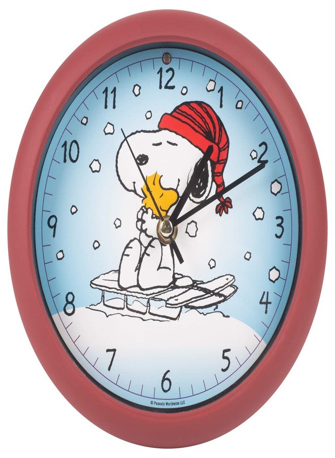 Mark Feldstein & Associates Mark Feldstein, Peanuts Snoopy on Sled Christmas Sound Clock, Red, 8 Inch - Image 1