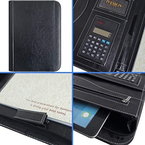 IVESIGN Faux Leather Portfolio Padfolio Organizer with Calculator, Writing Pad, Zipper Closure, Tablet Sleeve, Clipboard with Storage, Document Organizer, Business Card Holder, Note Pads-Black - Image 5