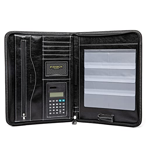 IVESIGN Faux Leather Portfolio Padfolio Organizer with Calculator, Writing Pad, Zipper Closure, Tablet Sleeve, Clipboard with Storage, Document Organizer, Business Card Holder, Note Pads-Black - Image 4