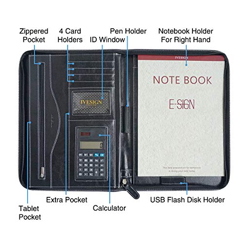 IVESIGN Faux Leather Portfolio Padfolio Organizer with Calculator, Writing Pad, Zipper Closure, Tablet Sleeve, Clipboard with Storage, Document Organizer, Business Card Holder, Note Pads-Black - Image 3