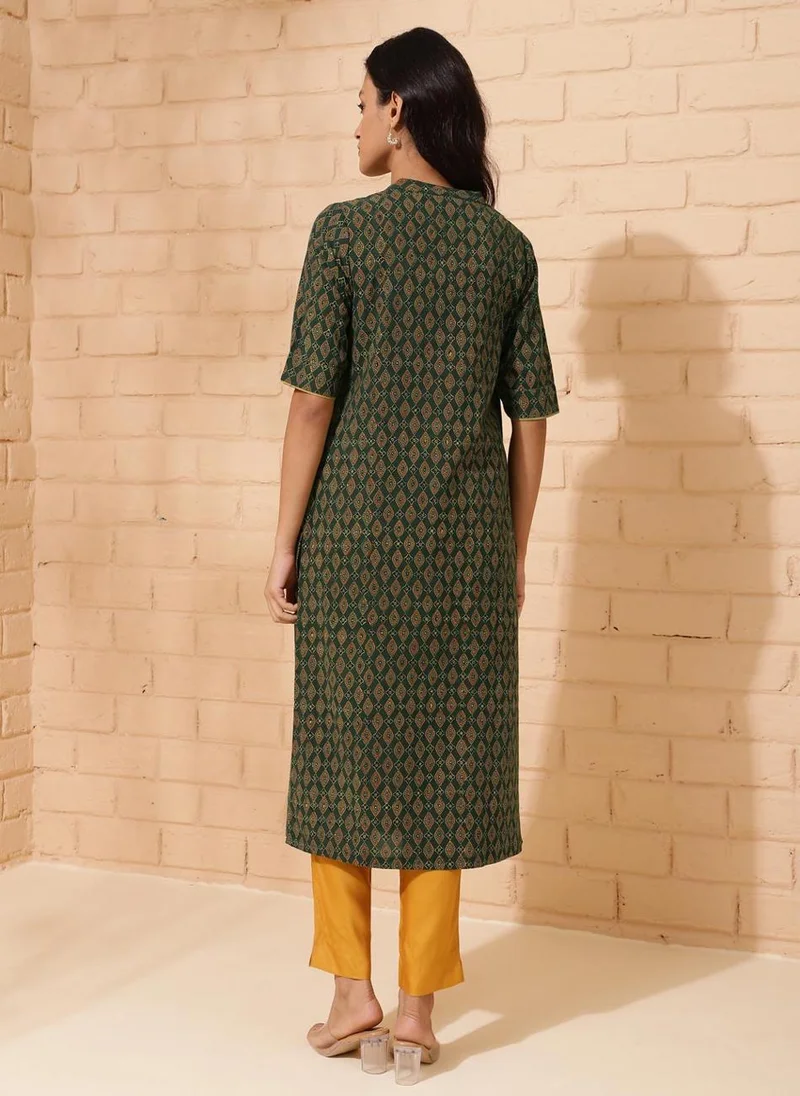 Fabindia Green Cotton Ajrakh Printed Long Kurta