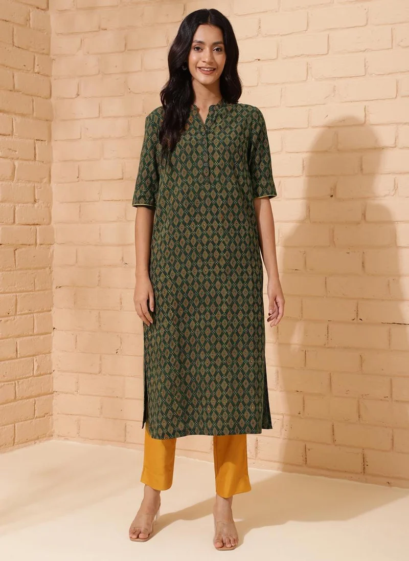 Fabindia Green Cotton Ajrakh Printed Long Kurta