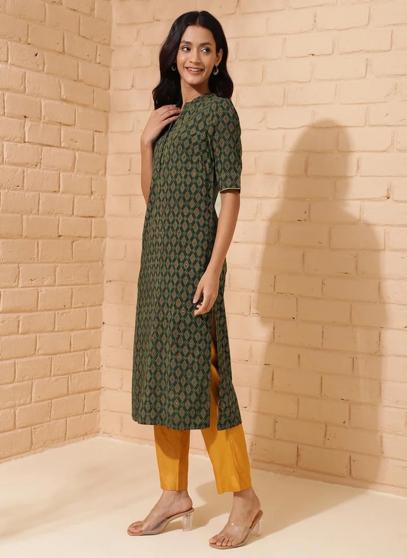 Fabindia Green Cotton Ajrakh Printed Long Kurta