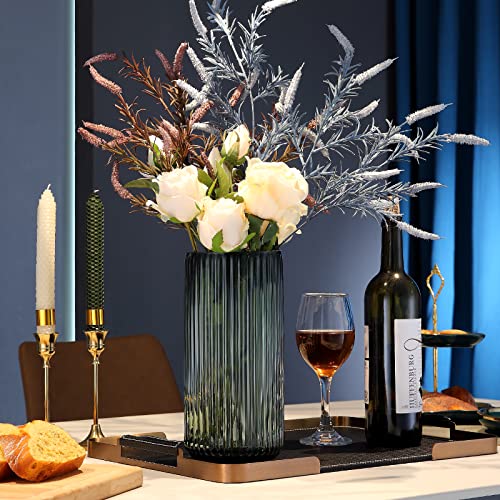 Dinyeo Large Cylinder Ribbed Green Glass Flower Vase for Farmhouse Dining Table Centerpieces Decor - Image 4
