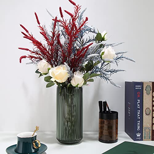 Dinyeo Large Cylinder Ribbed Green Glass Flower Vase for Farmhouse Dining Table Centerpieces Decor - Image 5