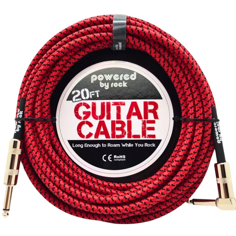 Powered By Rock Guitar Cable for Electric Guitar & Bass - 20ft Instrument Cable - No Buzzing or Tangles - 1/4 Inch Male to Male Inputs with a Right Angle Jack On One End to Secure Your Amp Cord - Image 1