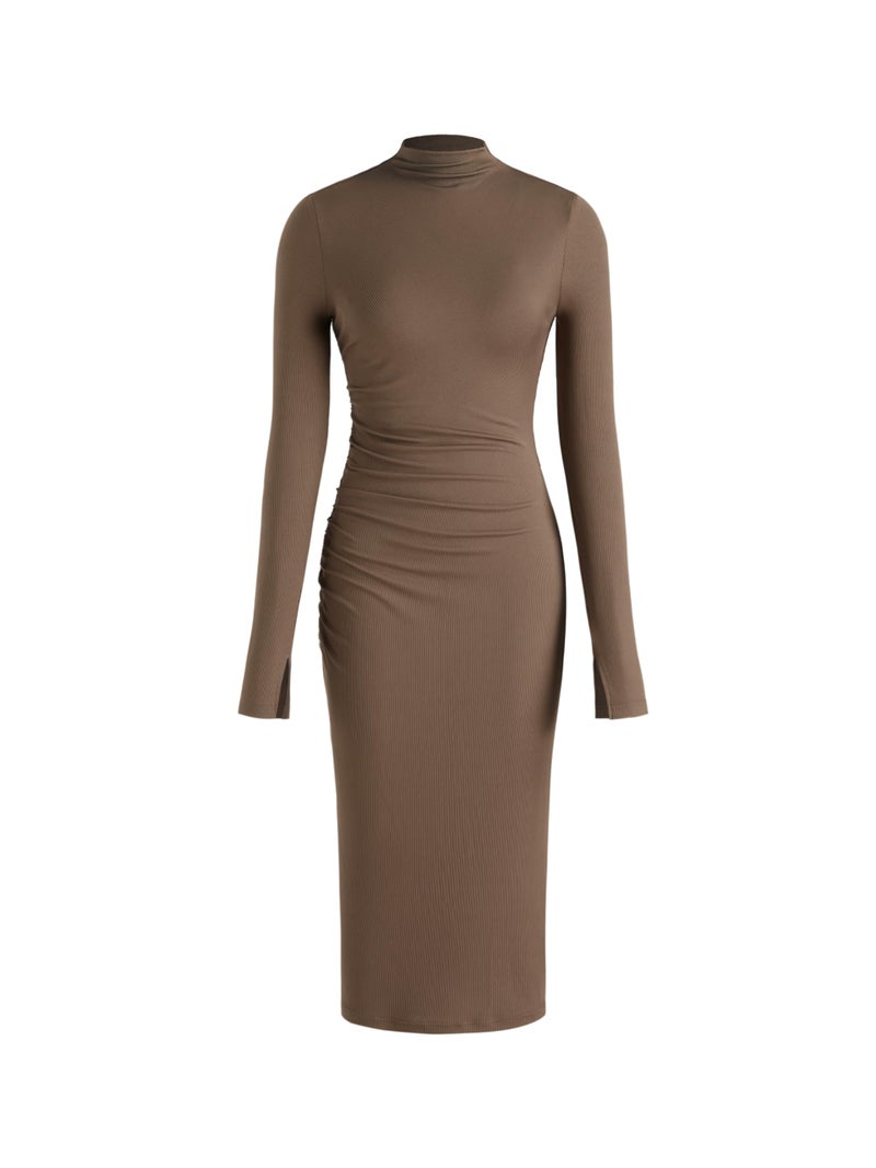 CIDER Long Sleeve Dress for Women High Neck Ribbed Knit Bodycon Ruched Midi Dress Cocktail Party Sweater Solid Dress Brown - Image 1