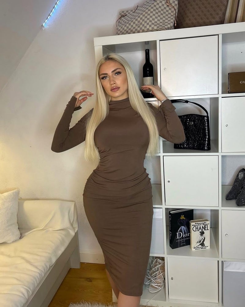 CIDER Long Sleeve Dress for Women High Neck Ribbed Knit Bodycon Ruched Midi Dress Cocktail Party Sweater Solid Dress Brown - Image 3