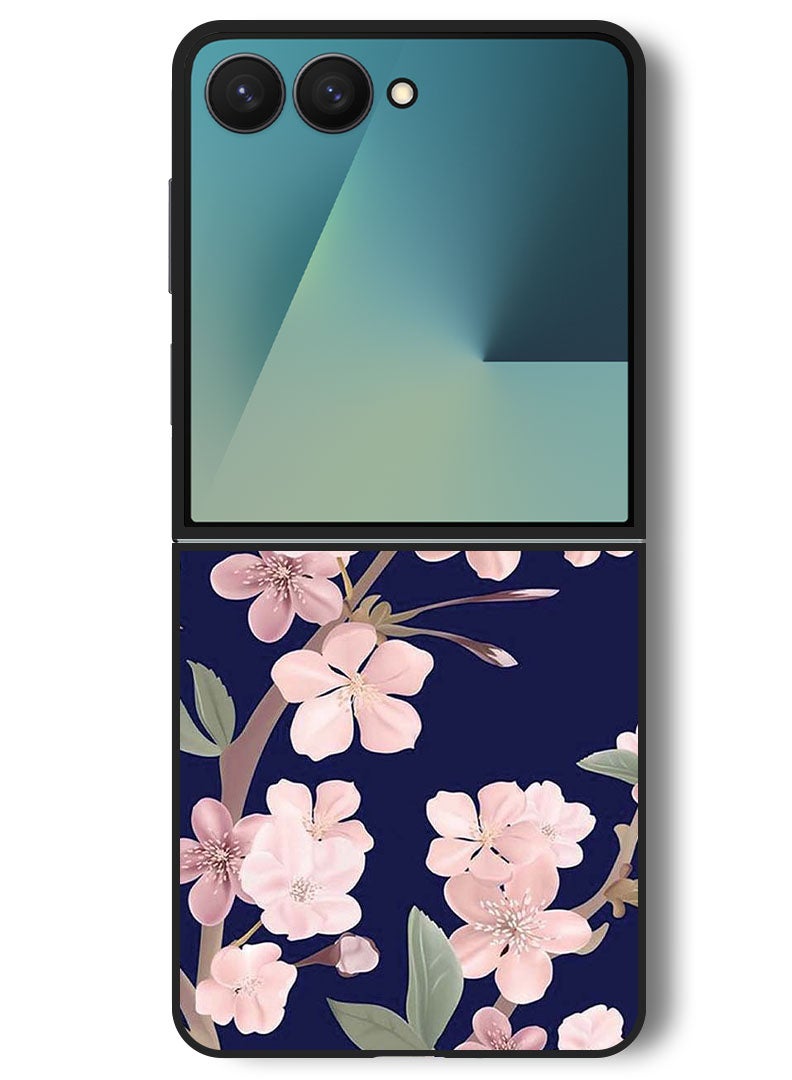Theodor Case Compatible with Samsung Galaxy Z Flip 7 - 6.9 Inch Protection Shockproof Bumper Cover Pink Flowers In Blue Background - Image 1