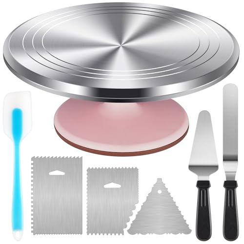 Kootek Aluminium Cake Turntable Set, Baking Tools with Revolving 12" Cake Stand for Decorating, 12.7" Offset Spatula, 3 Stainless Steel Frosting Icing Smoother, Cake Serve Cake Decorating Kit Supplies - Image 1