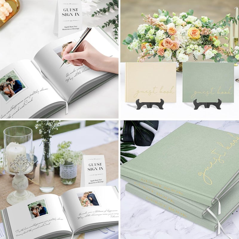 BVSSX Wedding Guest Book with Table Sign and 216 Photo Corners Stickers, Linen Polaroid Guest Book for Wedding，Baby Shower - 100 Blank Pages Guestbook for Sign in and Photos- Sage 8”x10” - Image 4