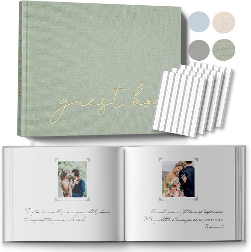 BVSSX Wedding Guest Book with Table Sign and 216 Photo Corners Stickers, Linen Polaroid Guest Book for Wedding，Baby Shower - 100 Blank Pages Guestbook for Sign in and Photos- Sage 8”x10” - Image 1