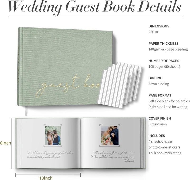 BVSSX Wedding Guest Book with Table Sign and 216 Photo Corners Stickers, Linen Polaroid Guest Book for Wedding，Baby Shower - 100 Blank Pages Guestbook for Sign in and Photos- Sage 8”x10” - Image 5