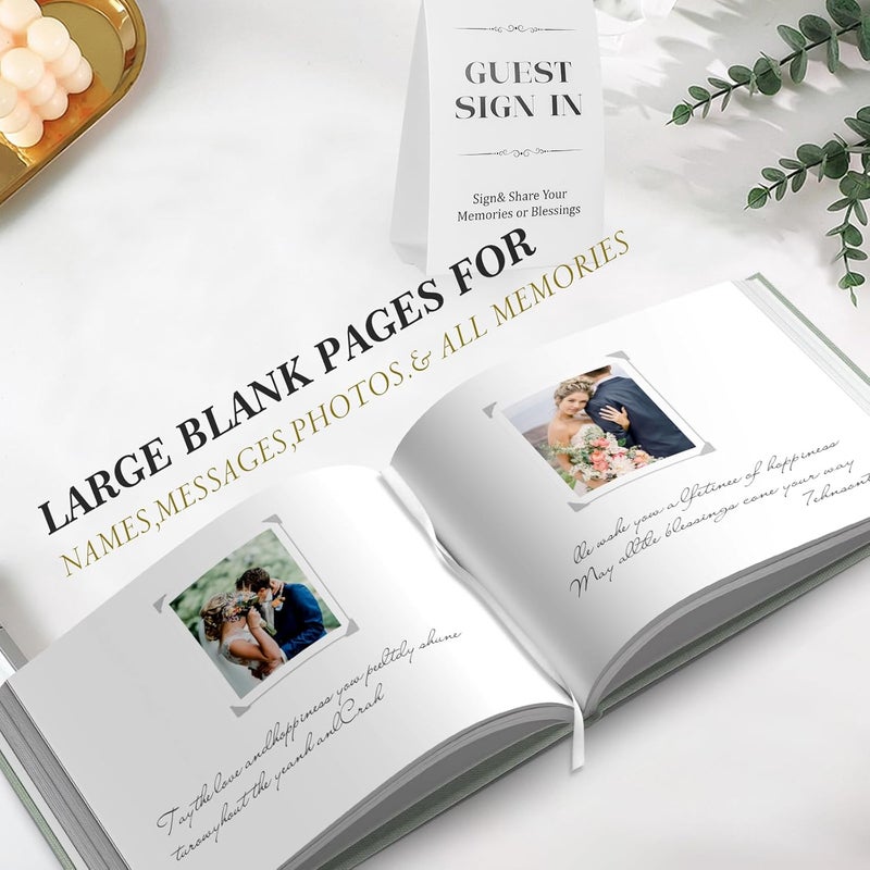 BVSSX Wedding Guest Book with Table Sign and 216 Photo Corners Stickers, Linen Polaroid Guest Book for Wedding，Baby Shower - 100 Blank Pages Guestbook for Sign in and Photos- Sage 8”x10” - Image 3