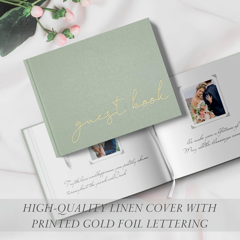 BVSSX Wedding Guest Book with Table Sign and 216 Photo Corners Stickers, Linen Polaroid Guest Book for Wedding，Baby Shower - 100 Blank Pages Guestbook for Sign in and Photos- Sage 8”x10” - Image 2