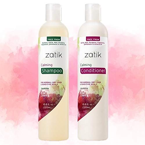 zatik زاتيك ناتشورالز - شامبو مهدئ مع الياسمين والكرز البري - للشعر العادي إلى الجاف، فروة رأس حساسة، قابل للتحلل، متوازن الحموضة، نباتي، خالي من الكبريتات، البارابين، العطور، والفثالات، 10.8 أونصة - Image 3