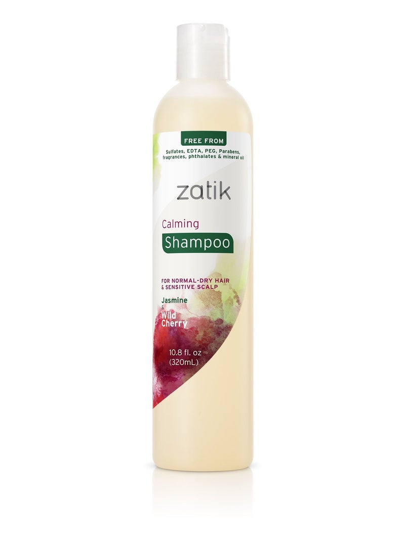 zatik زاتيك ناتشورالز - شامبو مهدئ مع الياسمين والكرز البري - للشعر العادي إلى الجاف، فروة رأس حساسة، قابل للتحلل، متوازن الحموضة، نباتي، خالي من الكبريتات، البارابين، العطور، والفثالات، 10.8 أونصة - Image 1