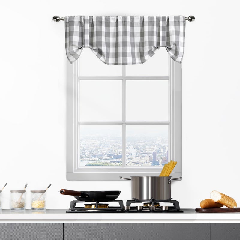 Bapawfish Grey and White Buffalo Plaid Tie Up Valance Curtains Buffalo Check Farmhouse Retro Adjustable TieUp Shades Window Treatment Curtains for Cafe Bathroom Windows 50 x 20 Gray