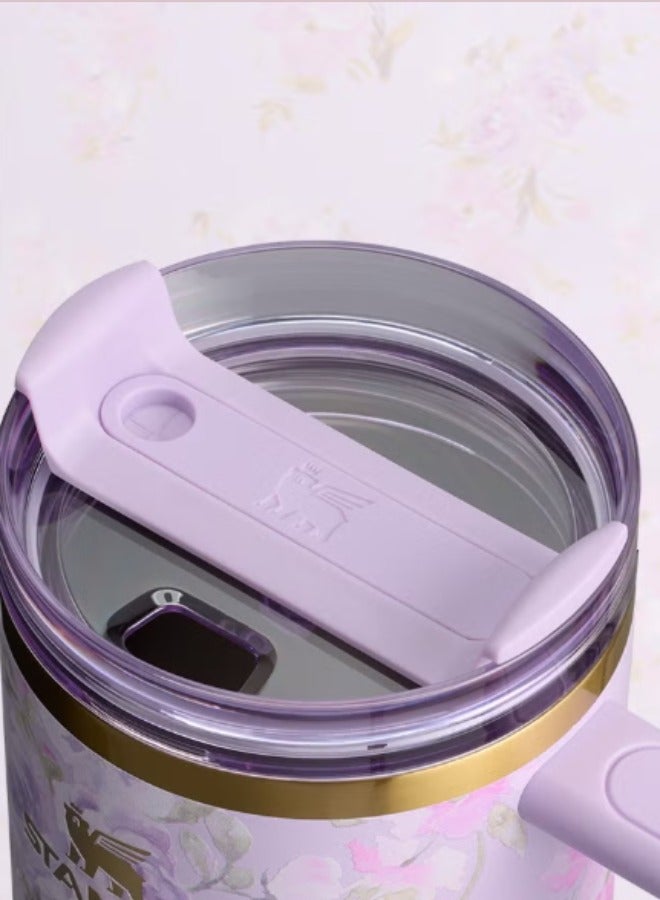 Stanley Stanley Love Shack Fancy H2.0 Flow State 40oz Purple Rose Tumbler, Stainless Steel Vacuum Insulated Quencher with Lid, Straw, and Stopper, Ideal for Water and Iced Tea, Keeps Drinks Cold, Presented in Elegant Gift-Ready Packaging - Image 4