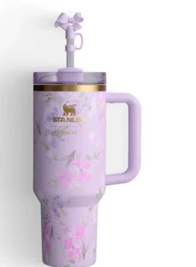 Stanley Stanley Love Shack Fancy H2.0 Flow State 40oz Purple Rose Tumbler, Stainless Steel Vacuum Insulated Quencher with Lid, Straw, and Stopper, Ideal for Water and Iced Tea, Keeps Drinks Cold, Presented in Elegant Gift-Ready Packaging - Image 3