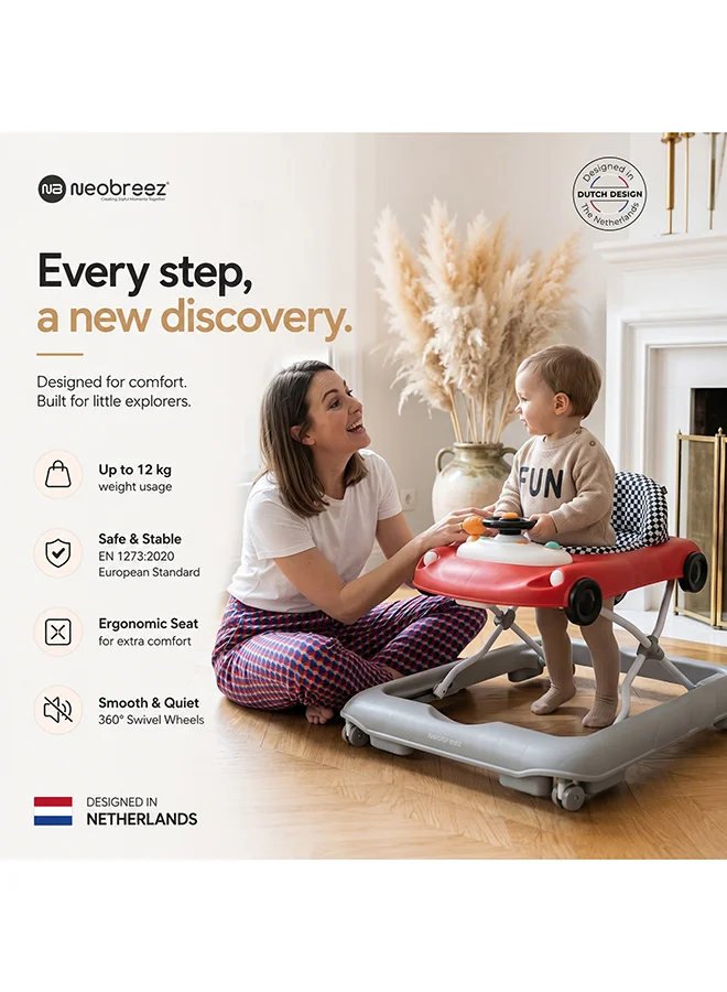 نيوبريز Neobreez Navix 3-in-1 Baby Walker, Music & Lights, Anti-fall Protection, 6 Months+-red/grey