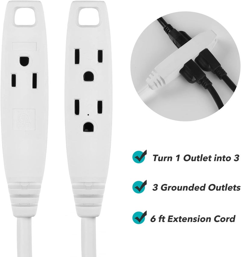 Clear Power 6 ft 3 Outlet Heavy Duty Flat Plug Extension Cord 14/3 SJT for Small Tools, Appliance and Office Equipment, White, 3 Prong Grounded, DCIC-0046-DC - Image 3