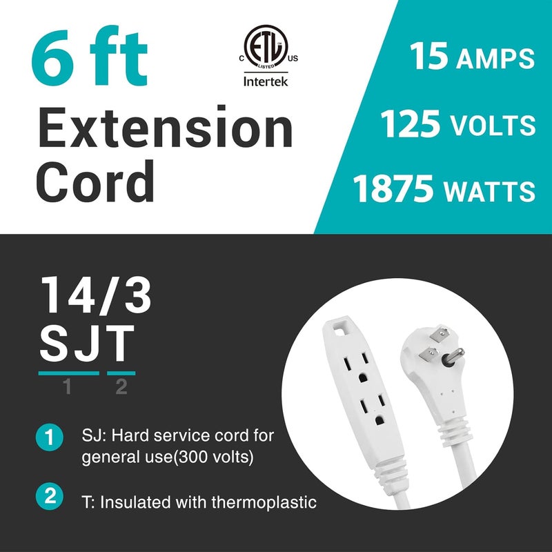 Clear Power 6 ft 3 Outlet Heavy Duty Flat Plug Extension Cord 14/3 SJT for Small Tools, Appliance and Office Equipment, White, 3 Prong Grounded, DCIC-0046-DC - Image 4