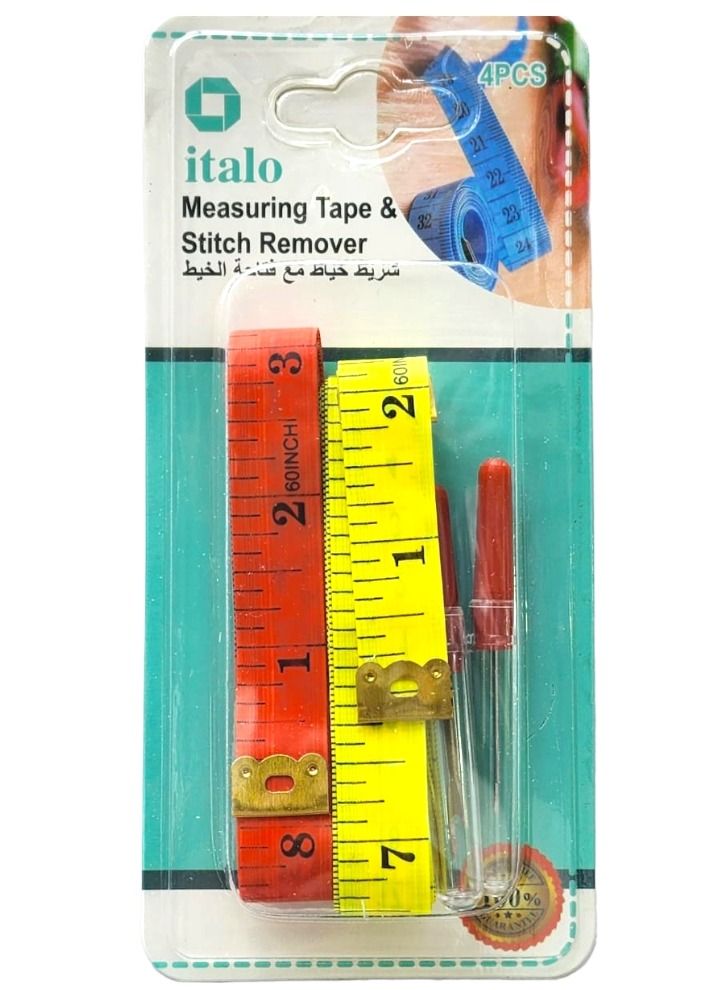 ITALO 2 Pieces of Sewing Tailor Ruler Tape Measure 1.5 Meter and 2 Pieces of Plastic Handle Seam Ripper Stitch Unpicker Thread Cutter Sewing Tool with Cap Red 68millimeter - Image 1