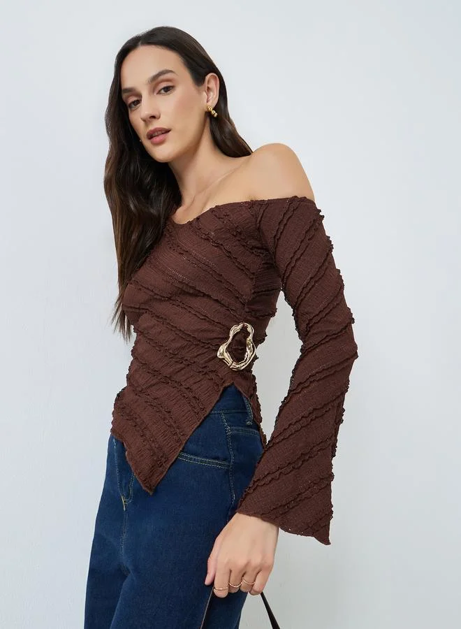 Take Two Brown Textured One-Shoulder Top