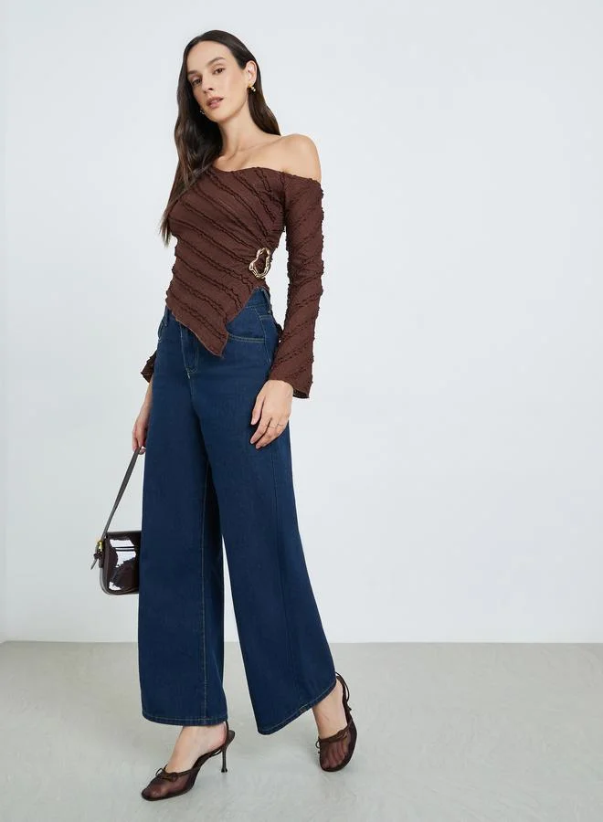 Take Two Brown Textured One-Shoulder Top
