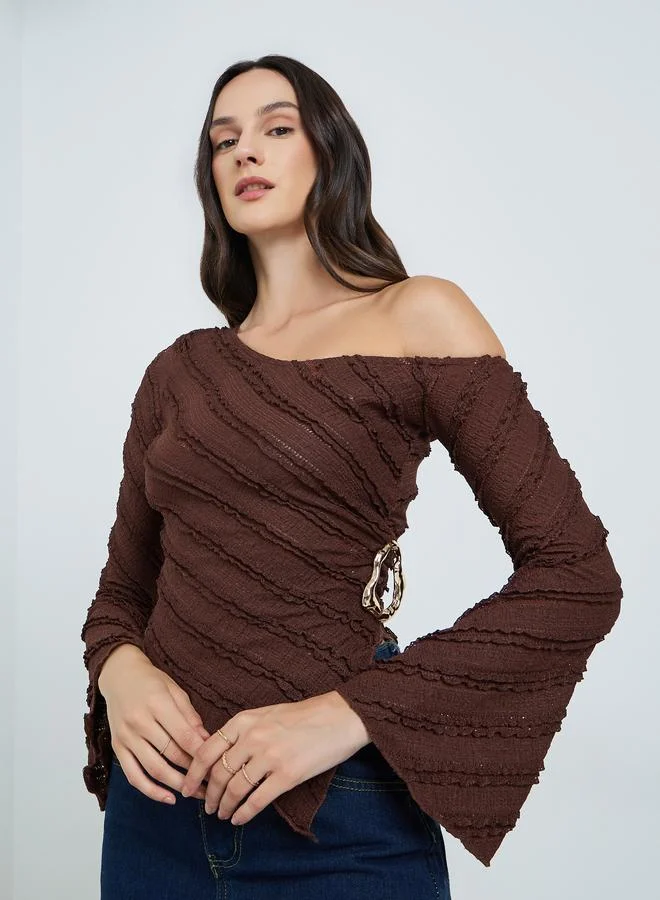 Take Two Brown Textured One-Shoulder Top