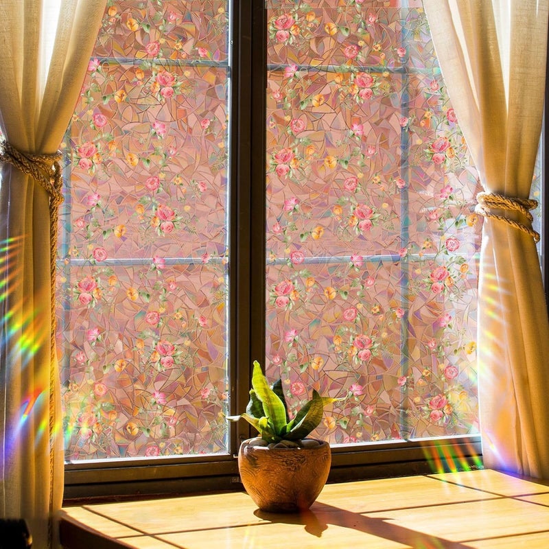 Yeysynana Window Film, Decorative Window Privacy Film, Removable Pink Flower Stained Double Sided Glass Windows Clings Stickers for Home Office Living Room Window Door Decor 39.37 x 15.74 Inches - Image 3