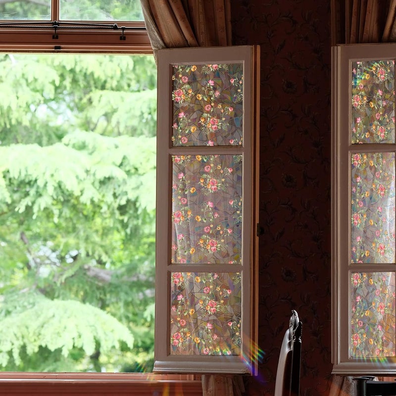 Yeysynana Window Film, Decorative Window Privacy Film, Removable Pink Flower Stained Double Sided Glass Windows Clings Stickers for Home Office Living Room Window Door Decor 39.37 x 15.74 Inches - Image 4